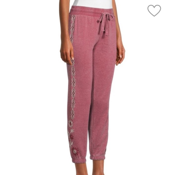 Driftwood Casey Heathered Joggers with Floral and Aztec Embroidery. Soft Fabric - Picture 1 of 12